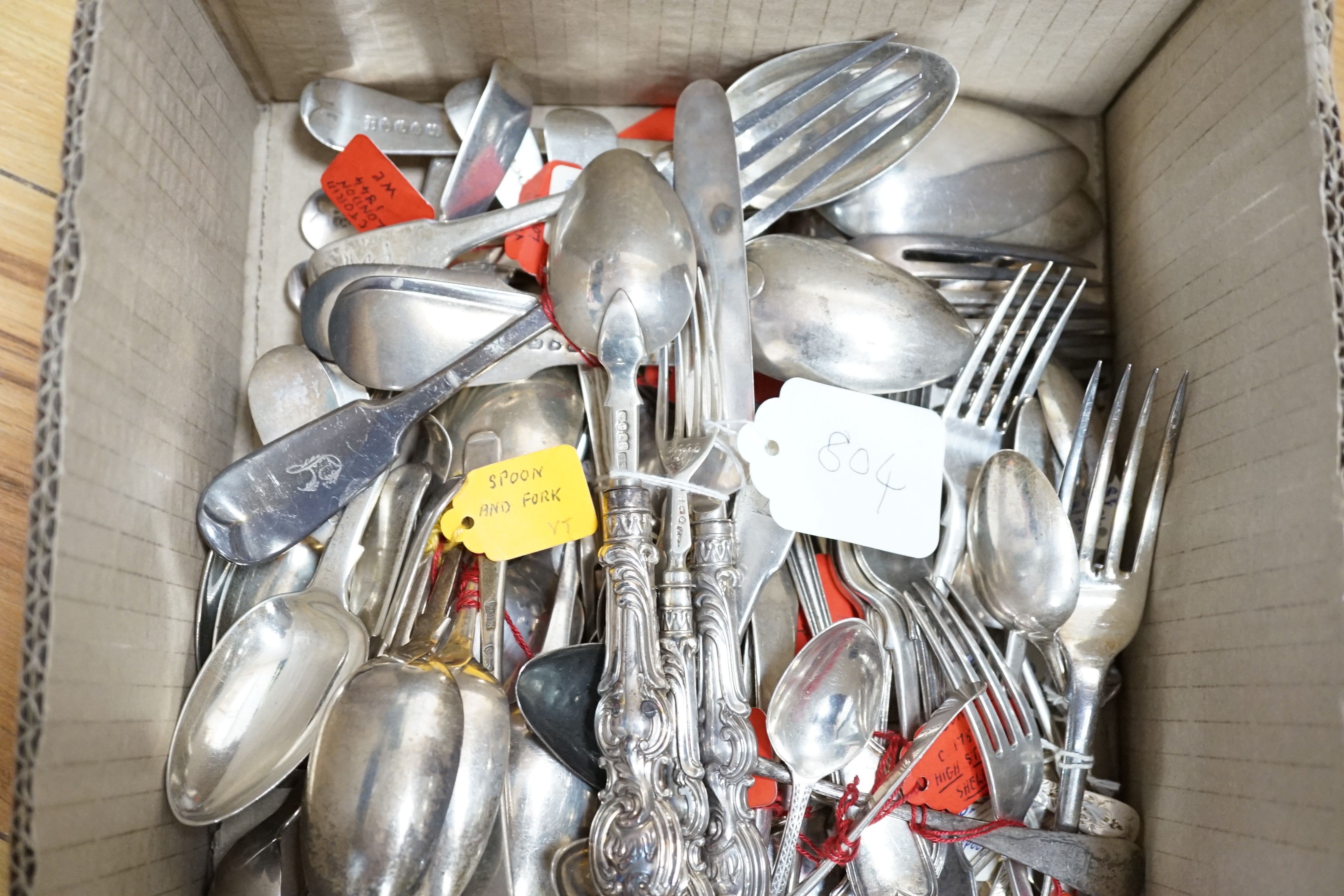 A mixed group of assorted mainly 19th century silver flatware, various pattern, dates and maker's, including a Victorian silver christening trio by Hilliard & Thomasson, Sheffield, 1849/1850